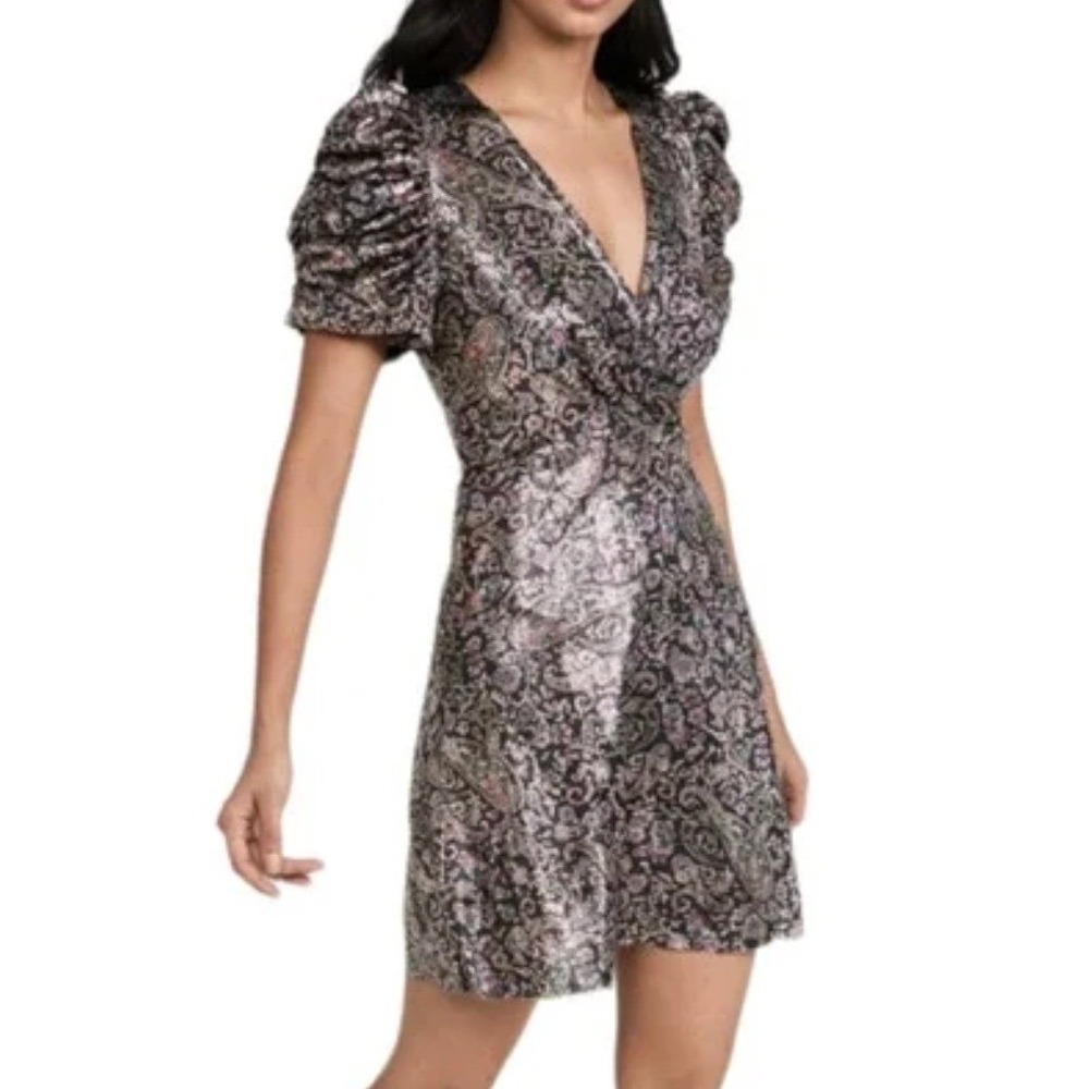 ba&sh Robe Gala Metalic Mini Dress Puff Sleeve in Paisley Noir Sz L NWT